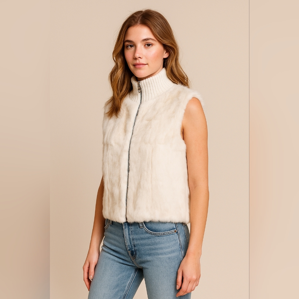 Vintage F.L.A.G. Accessories Rabbit Fur Knit Vest Sweater Ribbed Zip Up Cream L